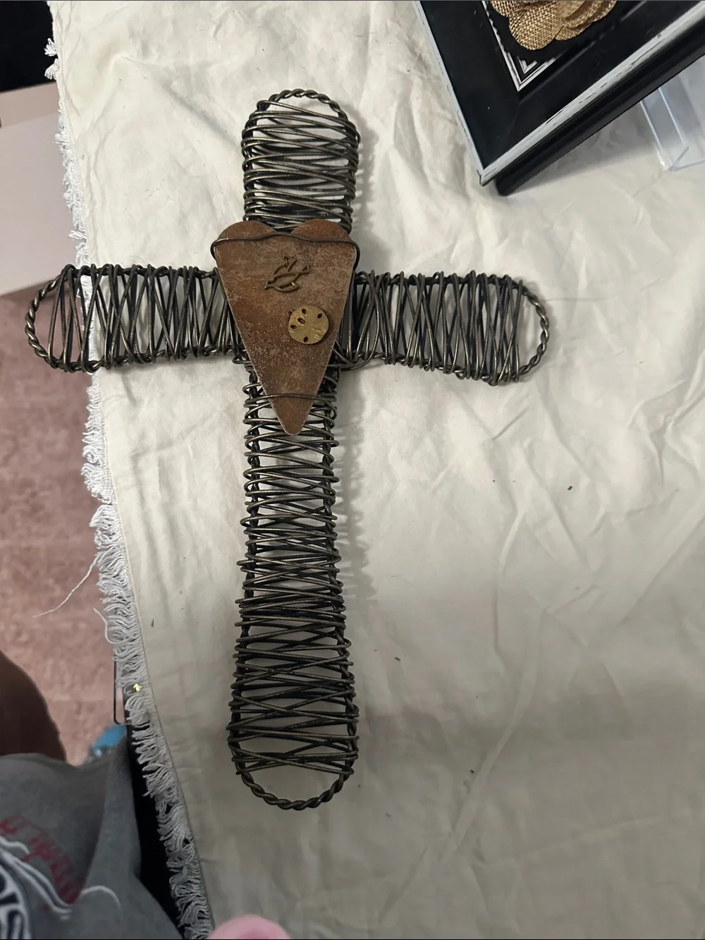 Framed Burlap Blessing Sign with Black frame & wire wrapped cross